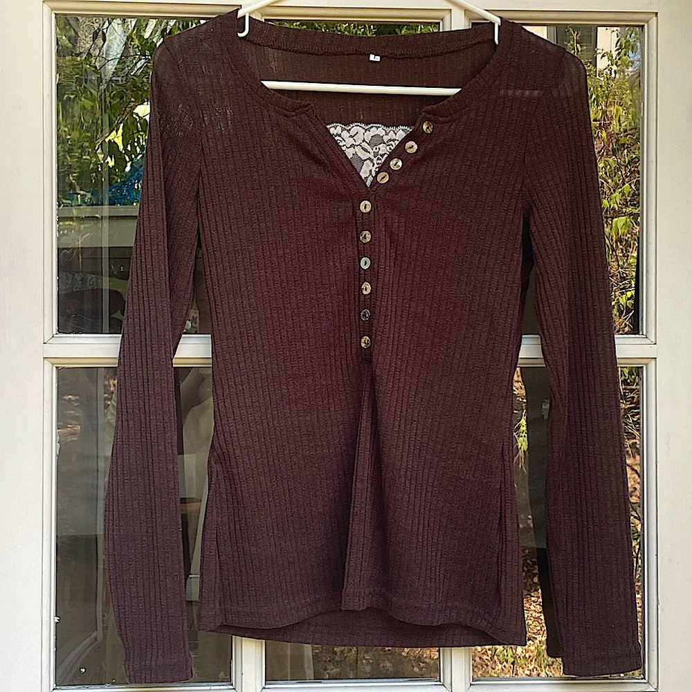 Large women’s coquette chocolate brown ribbed long sleeved shirt
